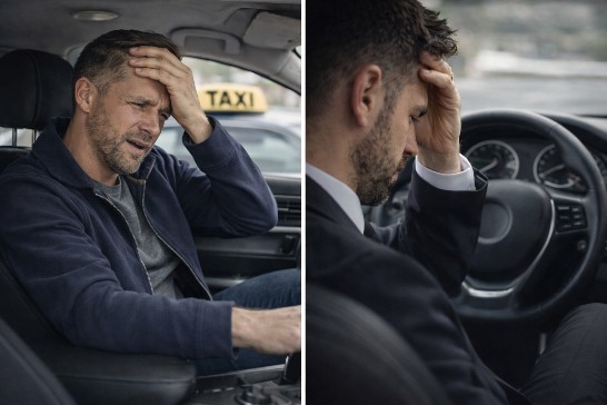 Chauffeurs de taxi et VTC stressés au volant, illustrant la fatigue mentale et la pression du quotidien dans le transport de personnes.