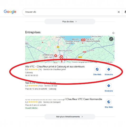 Exemple de visibilité de chauffeurs Vtc et taxi sur Google Maps